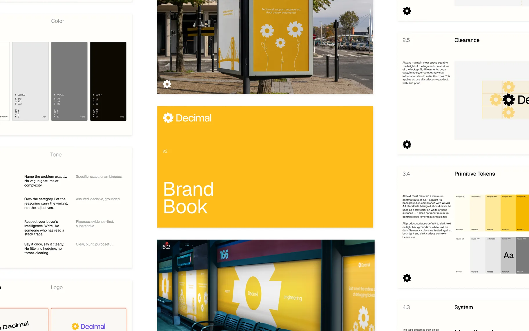 Spreads from the Decimal brand book: the colour and tone pages, the marigold Brand Book cover, transit posters carrying the gear mark, and the clearance and token guidelines.