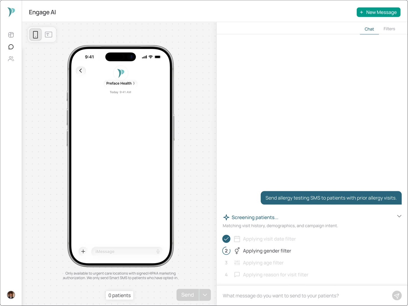 Preface Health's Engage AI console: a campaign brief being screened into patient filters beside a live SMS preview on a phone.